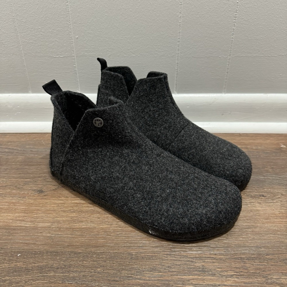 Birkenstock Andermatt Wool Felt Slipper Booties Black Grey Sz 44 Shearling Lined